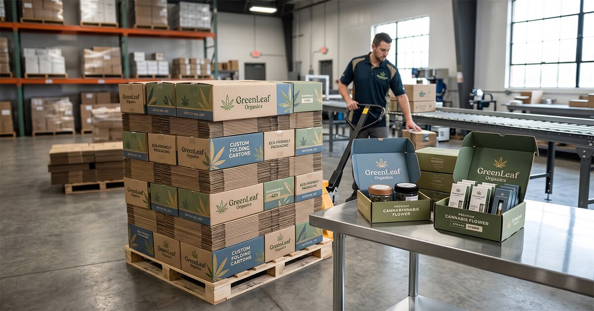 A large pallet of flat-packed custom folding boxes next to fully assembled retail cannabis packaging in a fulfillment warehouse.