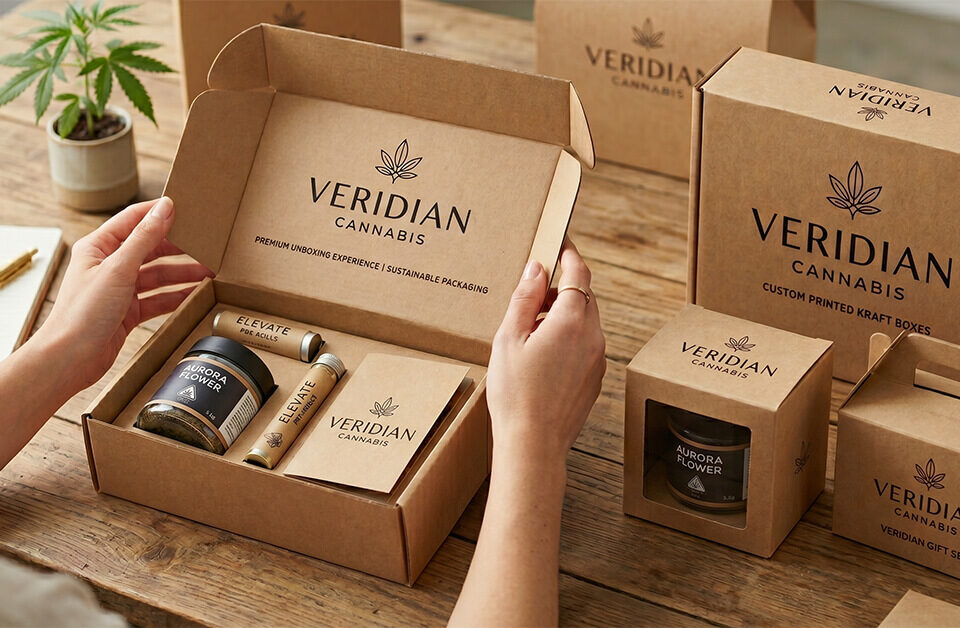 A woman opening custom printed kraft boxes containing premium cannabis products on a wooden table.