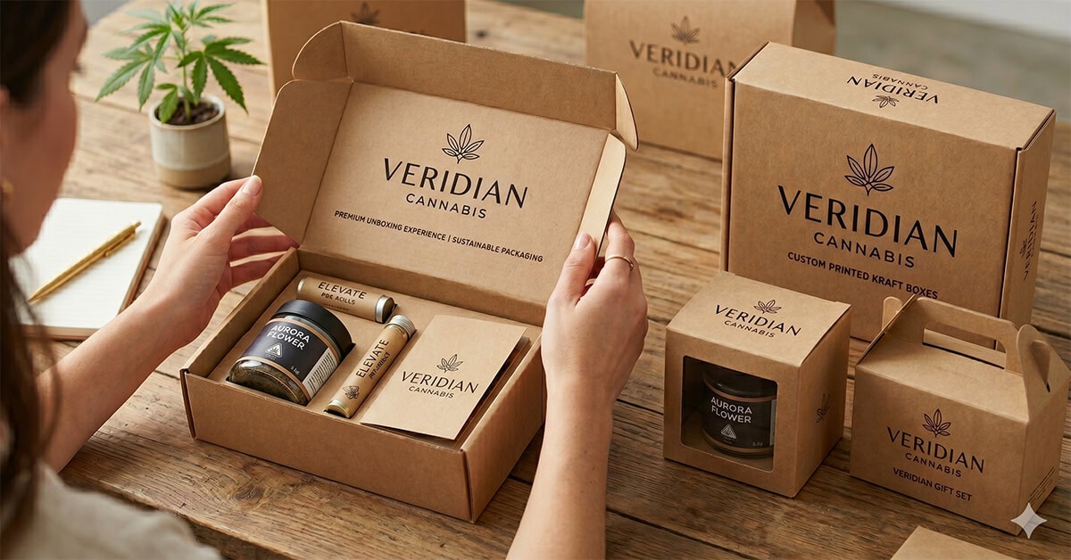 A woman opening custom printed kraft boxes containing premium cannabis products on a wooden table.