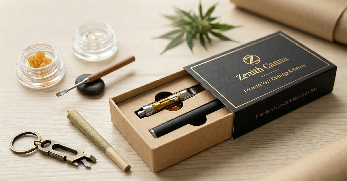 black custom tray and sleeve boxes holding a vape cartridge and battery, surrounded by cannabis concentrates and accessories on a wooden surface.