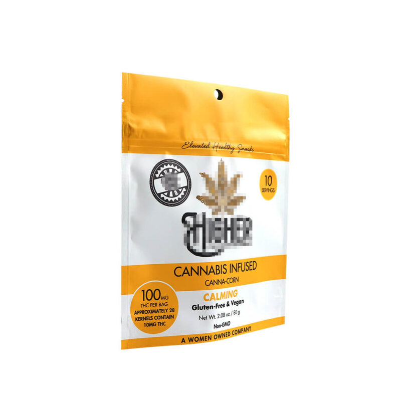 Angled front view of a custom digitally printed flexible packaging mylar bag for cannabis-infused snacks.