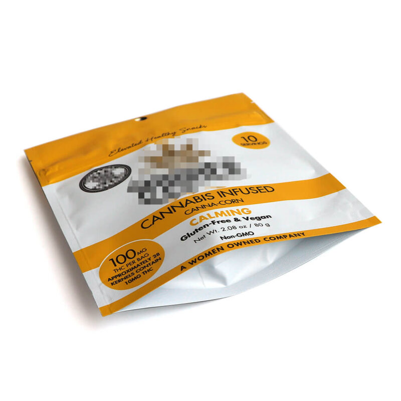 Laying flat angled view of a digital printing flexible packaging pouch for cannabis edibles.