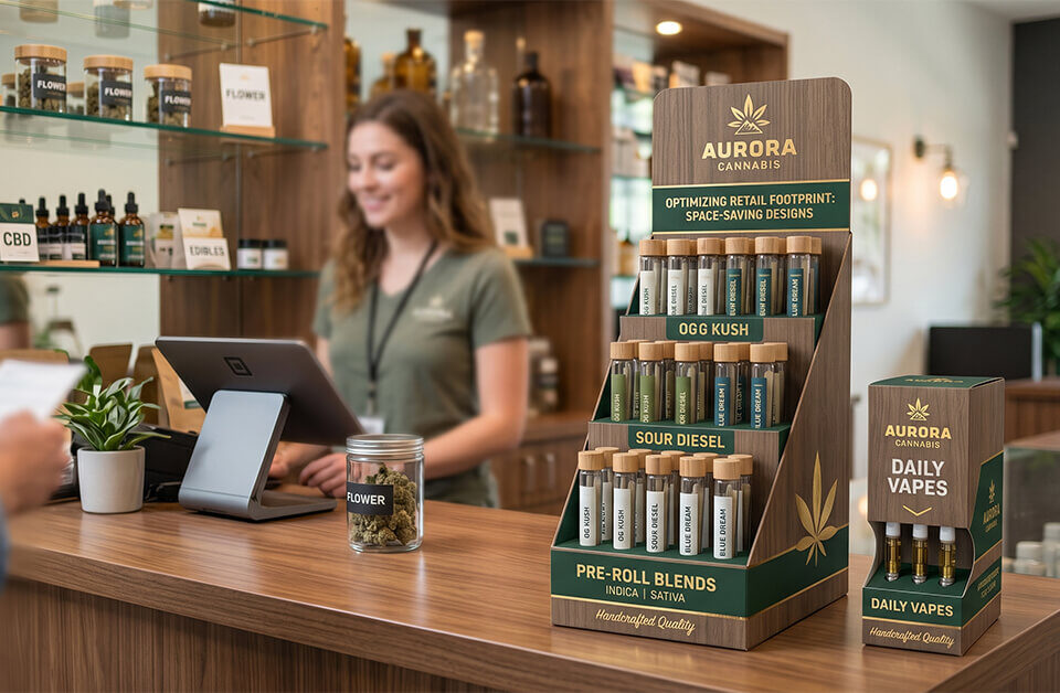 Custom tiered printed display boxes showcasing cannabis pre-rolls and vape cartridges on a dispensary checkout counter.