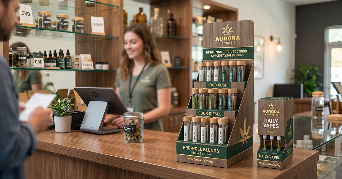 Custom tiered printed display boxes showcasing cannabis pre-rolls and vape cartridges on a dispensary checkout counter.