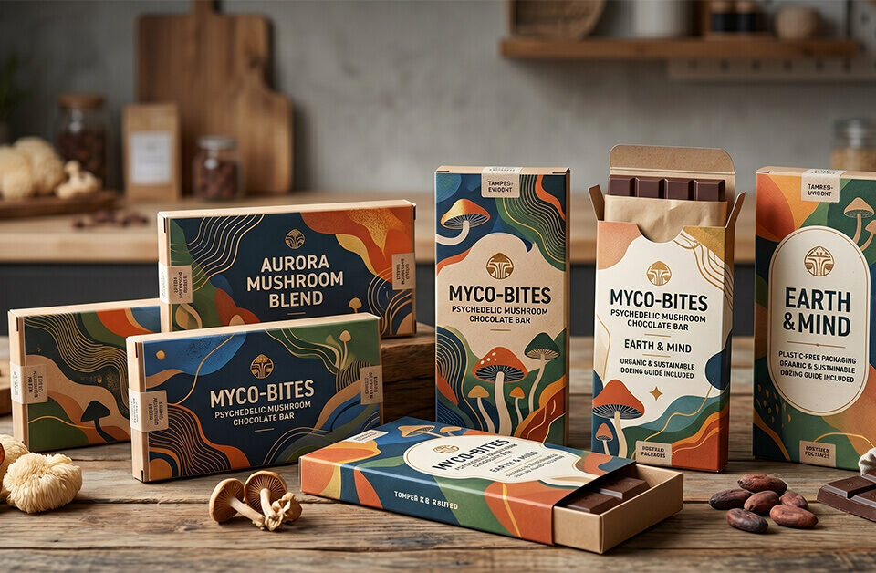 A collection of colorful paper boxes for "Myco-Bites Psychedelic Mushroom Chocolate Bar packaging" displayed on a wooden table. The boxes show different flavor names like "Aurora" and "Earth & Mind," emphasizing eco-friendly, plastic-free packaging.