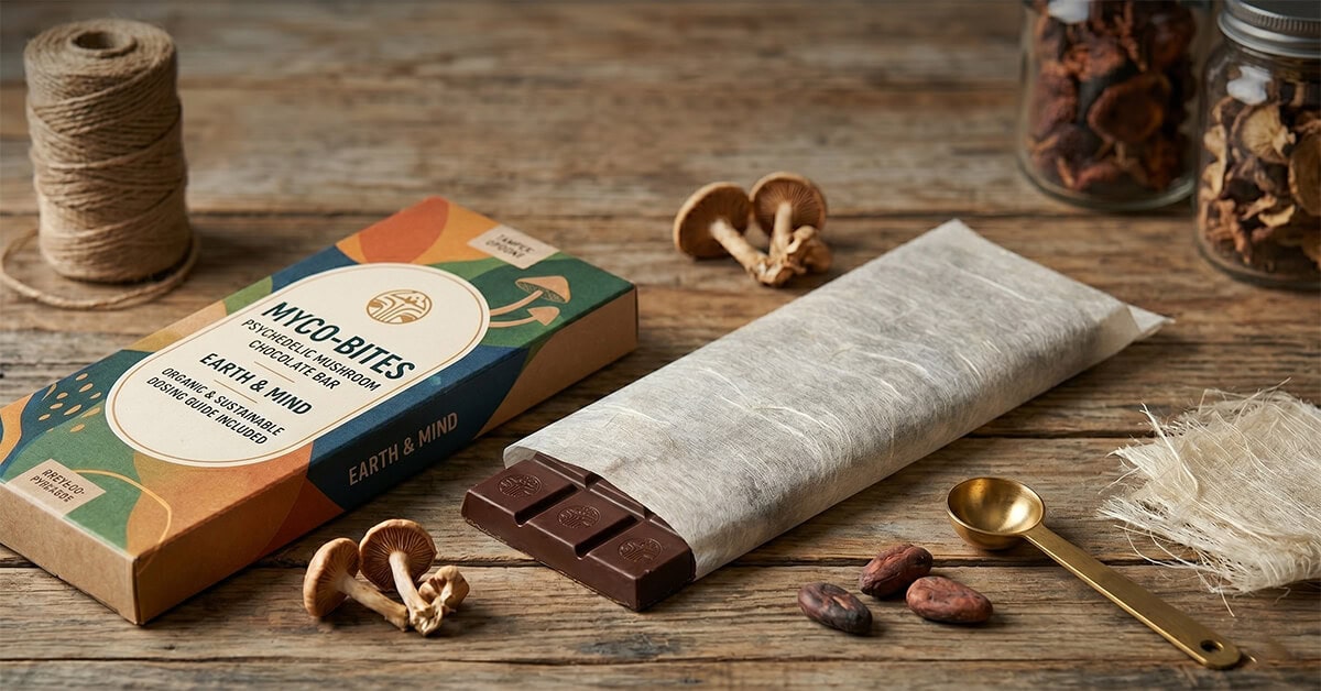 A close-up view of a "Myco-Bites Earth & Mind" mushroom chocolate bar box next to a dark chocolate bar partially unwrapped from textured inner packaging. The image emphasizes natural ingredients with loose cocoa beans, mushrooms, and a small gold spoon on a rustic wooden table.