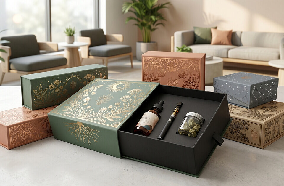 A collection of luxury rigid box packaging with metallic botanical designs, including an open green drawer box displaying a cannabis tincture, vape pen, and flower jar in custom inserts.