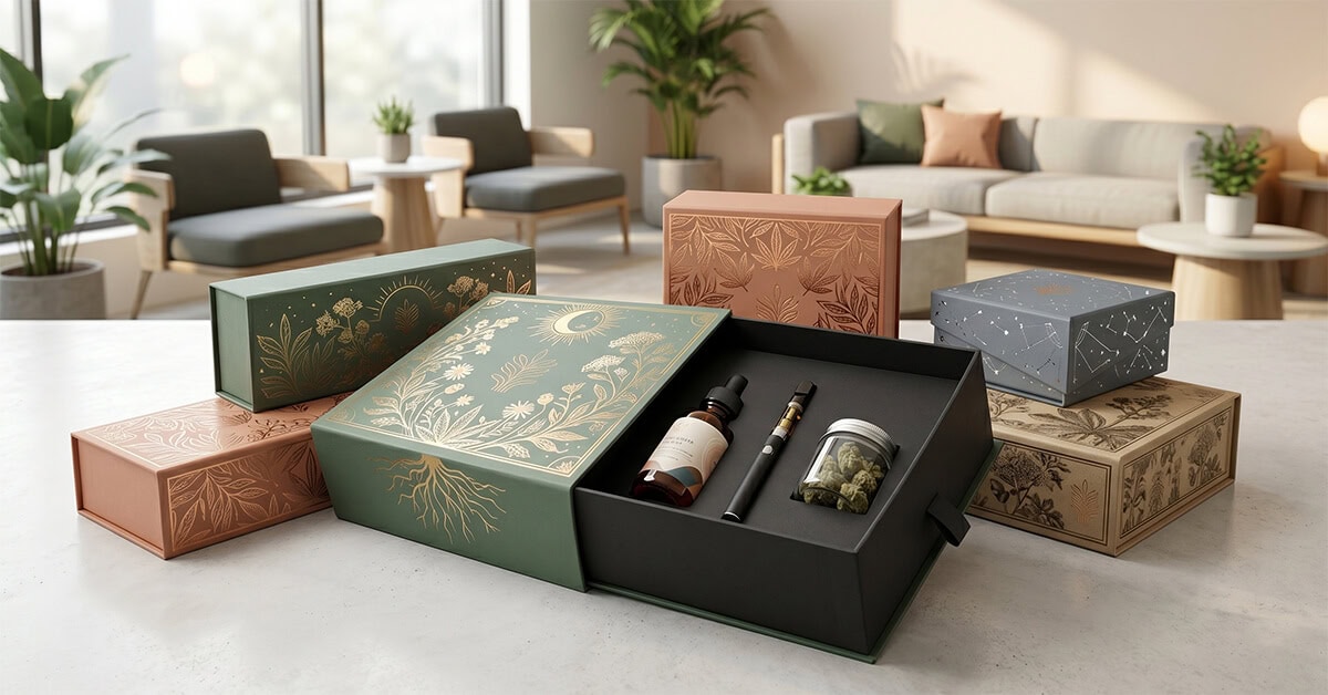 A collection of luxury rigid box packaging with metallic botanical designs, including an open green drawer box displaying a cannabis tincture, vape pen, and flower jar in custom inserts.