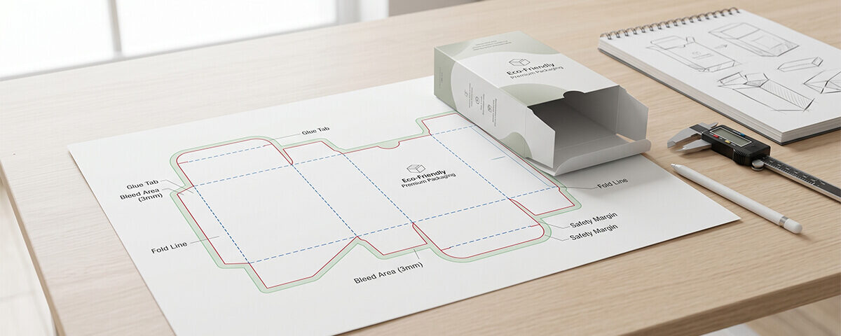 a flat dieline paper and a assembled box, demonstrating what is a dieline in packaging