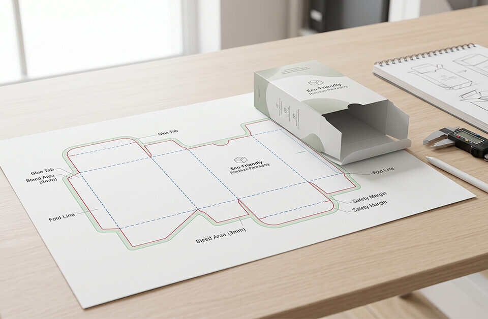a flat dieline paper and a assembled box, demonstrating what is a dieline in packaging