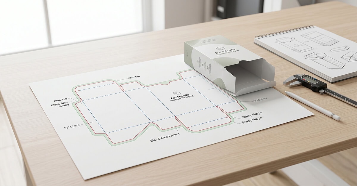 a flat dieline paper and a assembled box, demonstrating what is a dieline in packaging