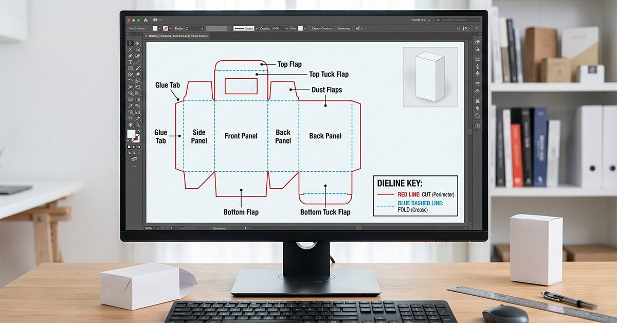 a computer screen showing what is a dieline in packaging