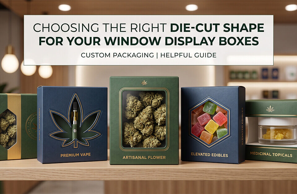 Custom cannabis window display boxes with various die-cut shapes showcasing vapes, flower, and edibles on a dispensary shelf.