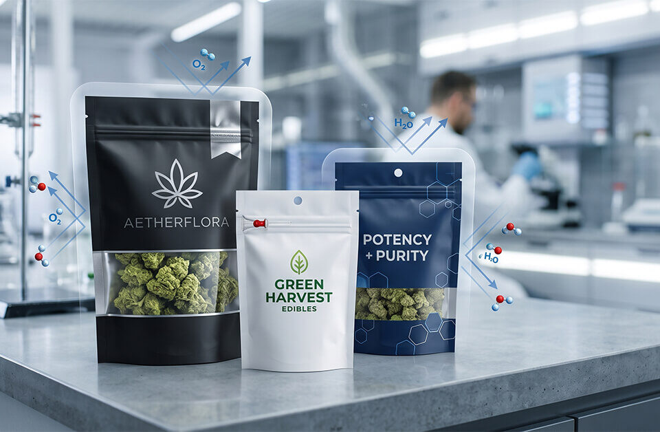 Three CBD mylar bags, labeled AETHERFLORA, GREEN HARVEST EDIBLES, and POTENCY + PURITY, on a laboratory counter. Integrated graphics show oxygen (O₂) and water (H₂O) molecules being deflected away from the packaging.
