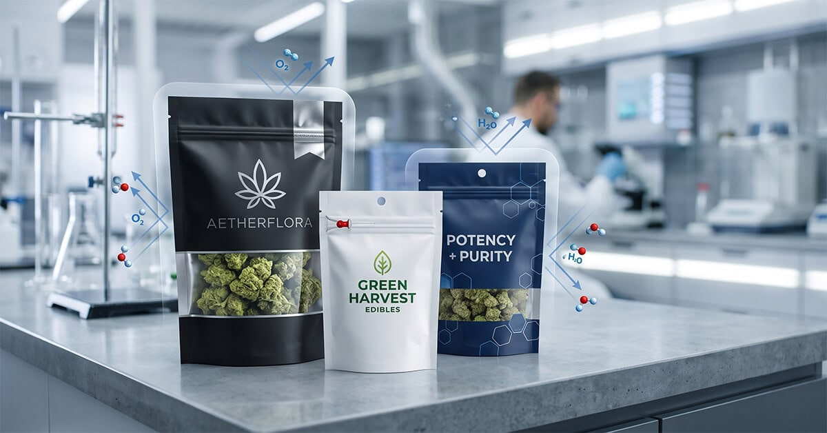 Three CBD mylar bags, labeled AETHERFLORA, GREEN HARVEST EDIBLES, and POTENCY + PURITY, on a laboratory counter. Integrated graphics show oxygen (O₂) and water (H₂O) molecules being deflected away from the packaging.