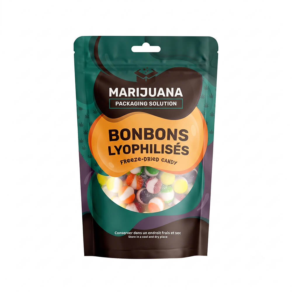 Green and brown custom THC candy packaging bag featuring a transparent viewing window filled with freeze-dried candies.
