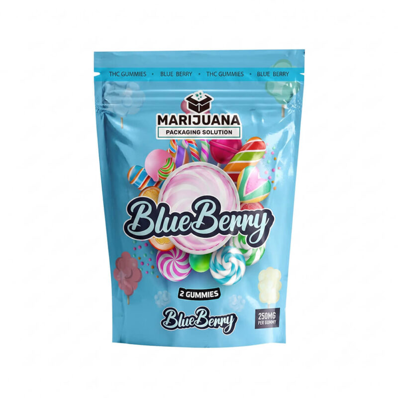 Light blue THC gummy candy packaging bag featuring vibrant candy graphics and bold Blueberry flavor text.