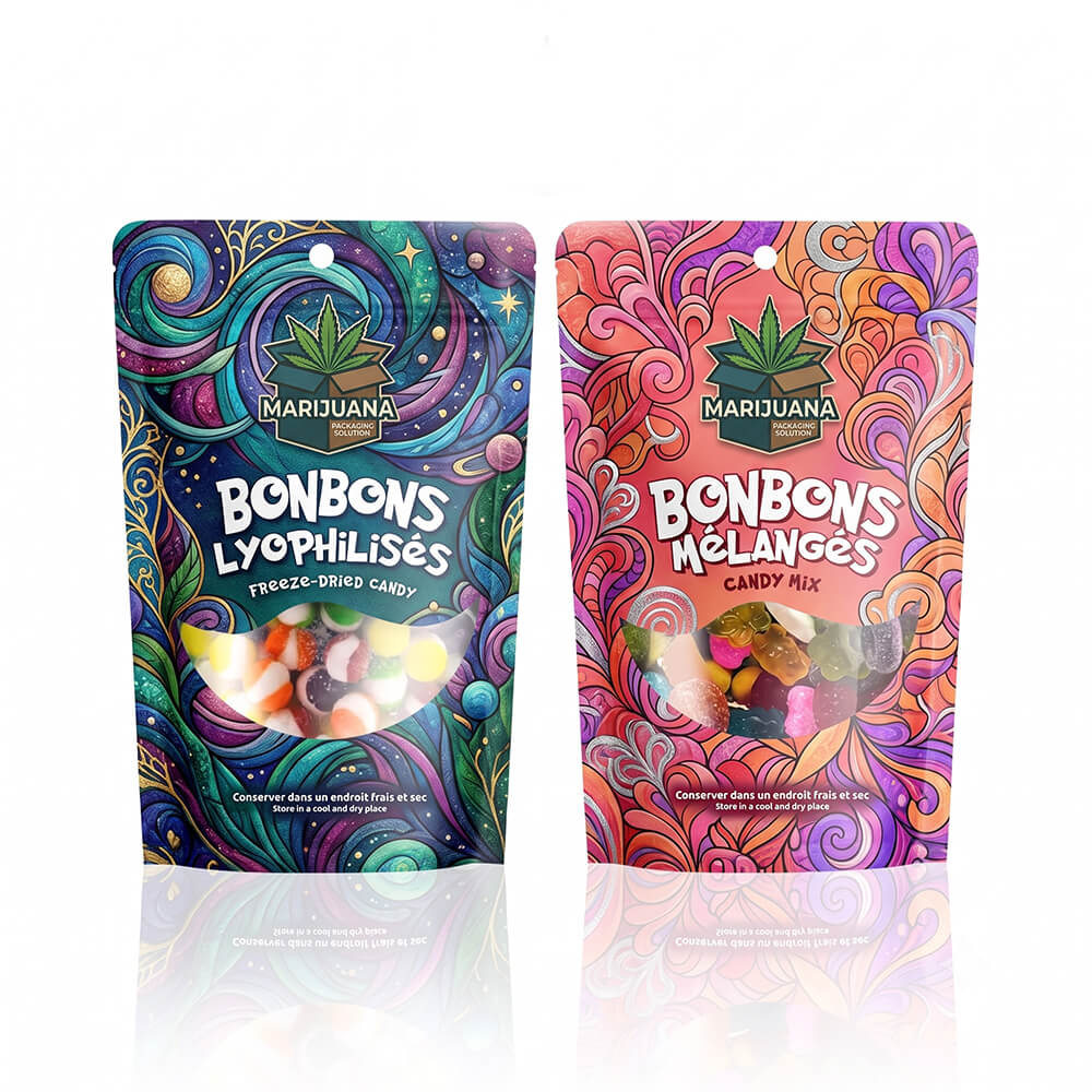 Two vibrantly colored, intricately designed THC candy packaging bags with transparent windows for freeze-dried and mixed candies.