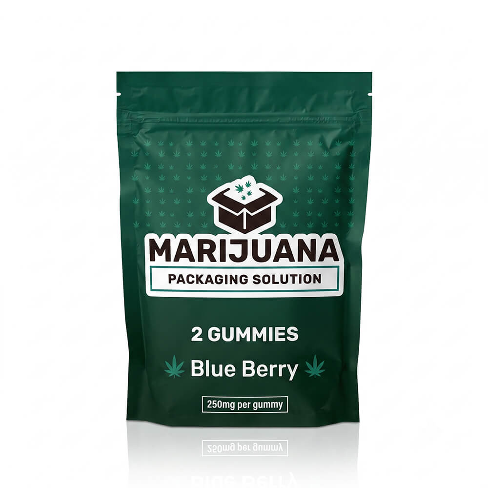 Solid dark green custom THC candy packaging bag with simple white text for 250mg blueberry gummies.
