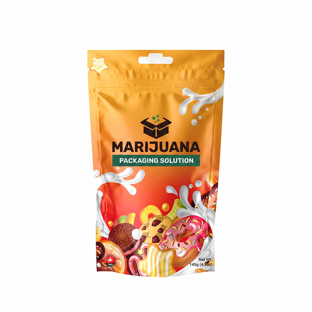 Bright orange THC infused candy packaging featuring dynamic milk splash graphics, baked goods, and candies.