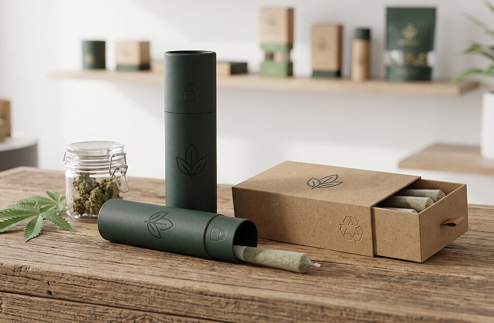 Sustainable cannabis best pre roll packaging on a wooden table.