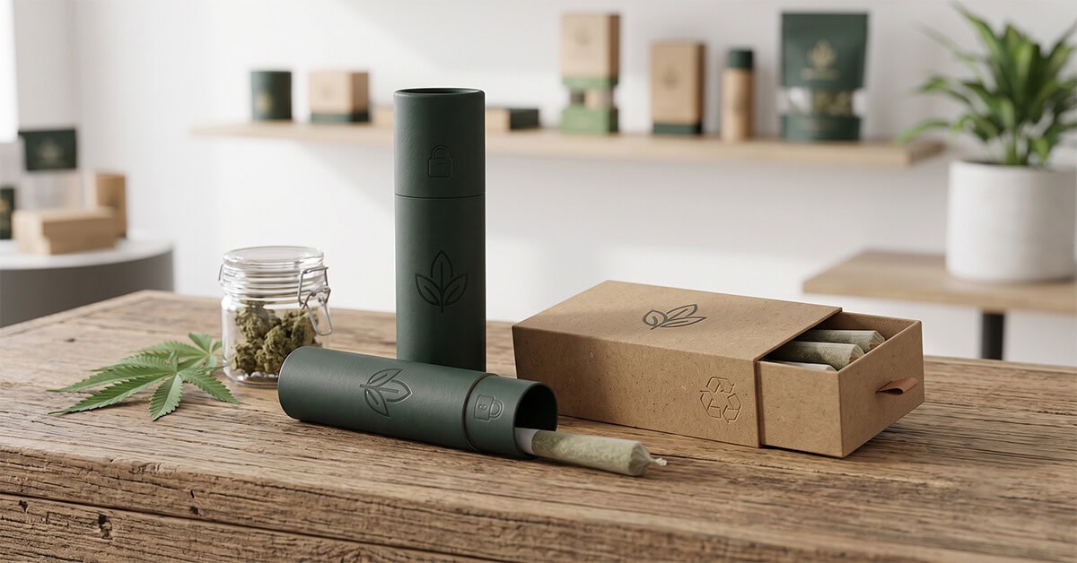 Sustainable cannabis best pre roll packaging on a wooden table.