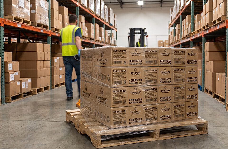 A pallet of shrink-wrapped master corrugated packaging boxes ready for wholesale distribution in a warehouse.