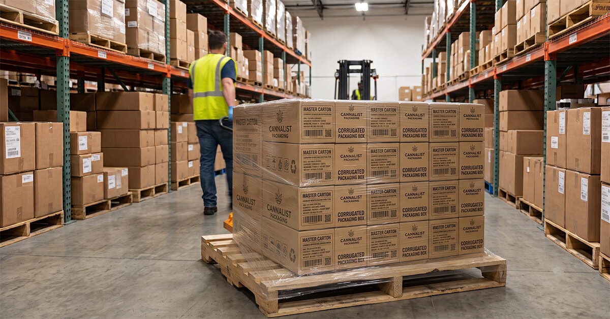 A pallet of shrink-wrapped master corrugated packaging boxes ready for wholesale distribution in a warehouse.