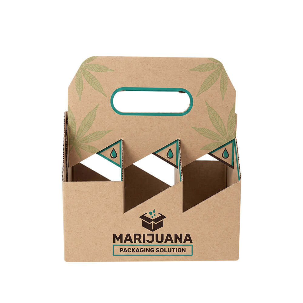 Detailed view of the front face of a kraft paper 3-compartment custom beverage boxes. The top features a cannabis leaf print around the die-cut handle, above a specific Marijuana Packaging Solution logo.