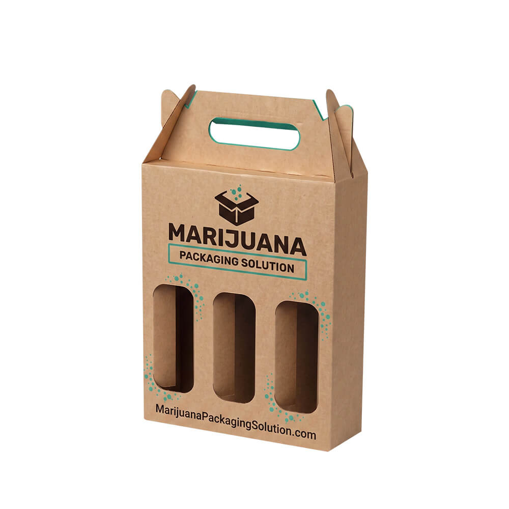 An angled three-quarter view of a vertical kraft paper 3-bottle carrier box with a prominent Marijuana Packaging Solution logo and a teal internal liner. It features a die-cut handle and three die-cut windows, with green water splash graphics.