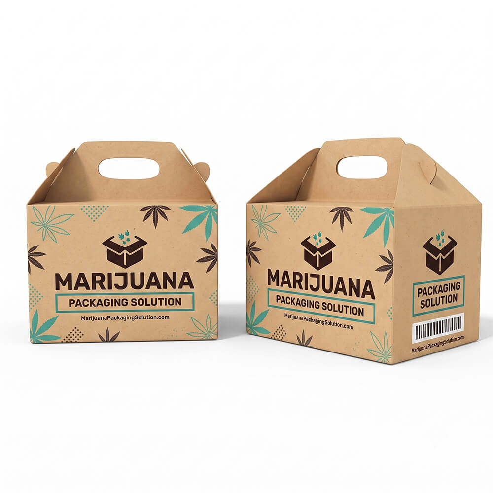 A close-up view of two identical, upright kraft paper 4-pack (4 compartments) carrier boxes from the Marijuana Packaging Solution brand, standing side-by-side with water drop and cannabis leaf patterns. One box features a barcode.