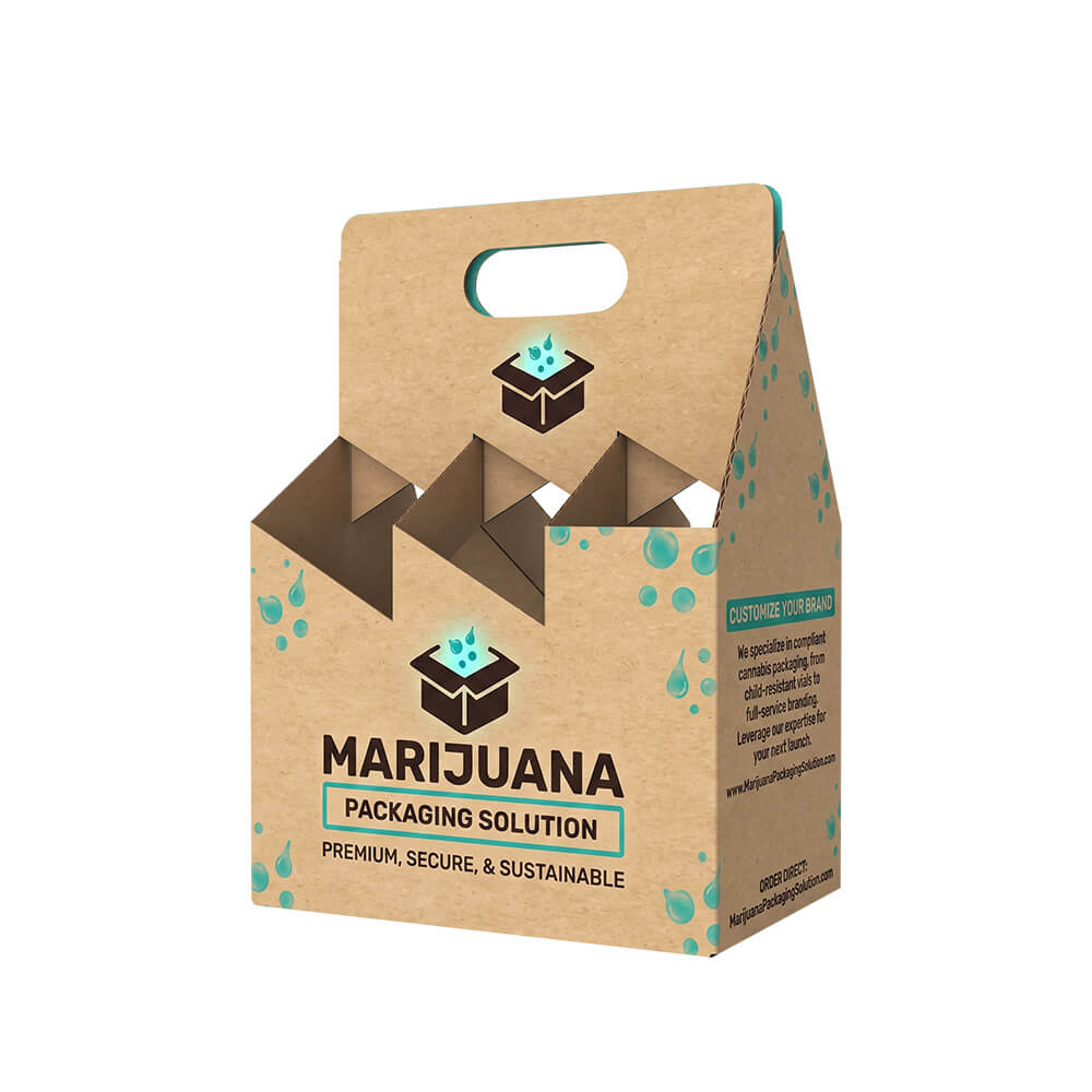 A focused side-panel close-up of a kraft paper carrier box, highlighting extensive printing details like "CUSTOMIZE YOUR BRAND" and "PREMIUM, SECURE, & SUSTAINABLE" next to Marijuana Packaging Solution branding and water splash graphics.