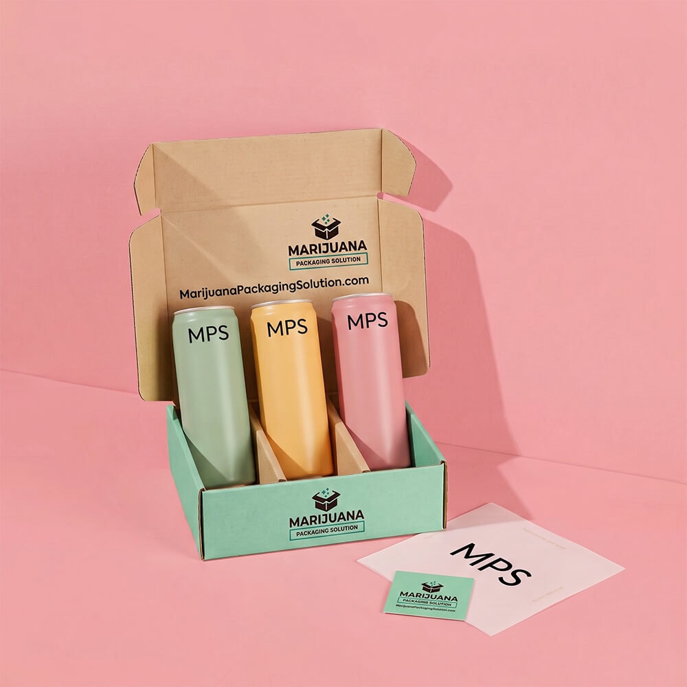 A high-angle view of an open kraft paper mailer-style box with a teal base and three can mockups. On a pink background, a small teal card and white paper with "MPS" logos are visible.