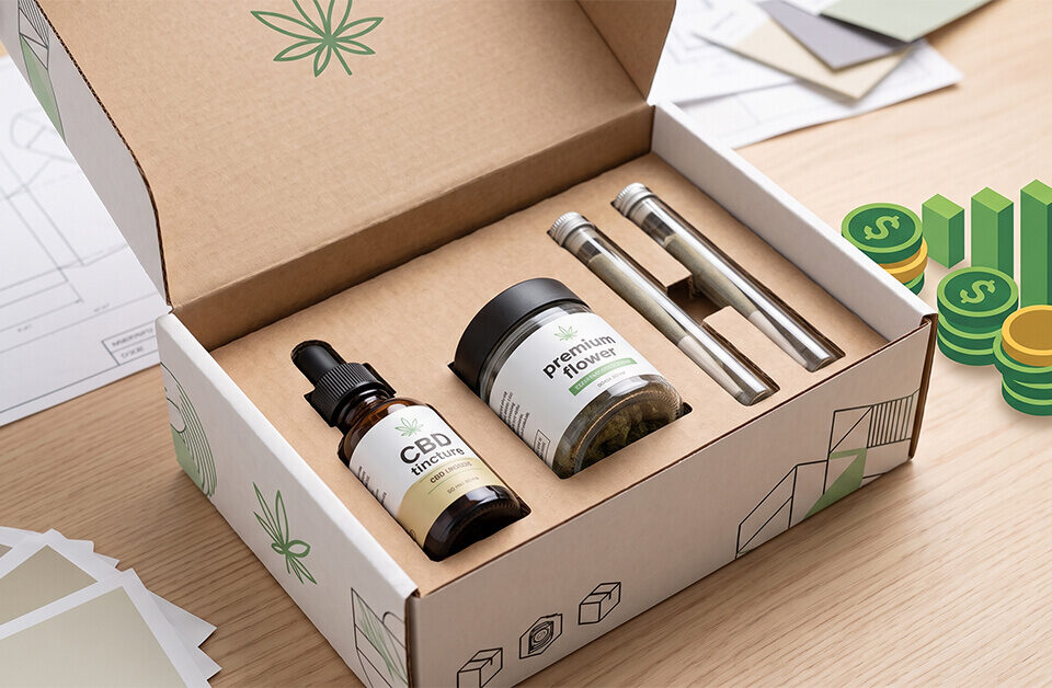 Open cardboard mailer box featuring custom box inserts that securely holds a cannabis tincture, flower jar, and pre-rolls, placed next to a rising financial chart