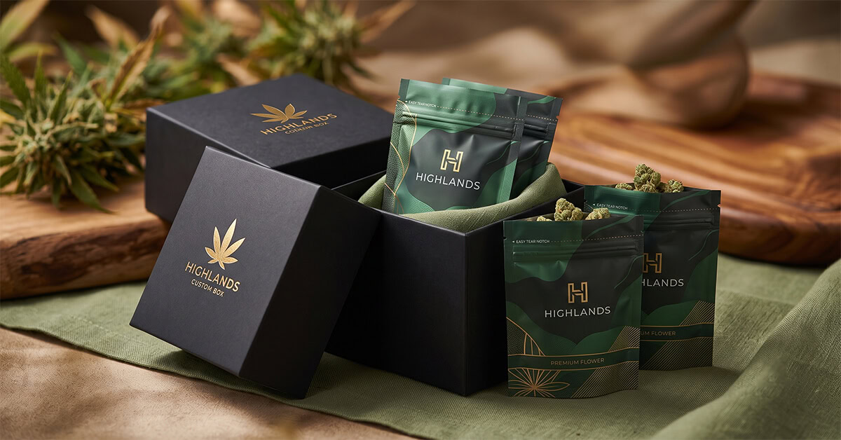 Display of Highlands cannabis products in custom packaging: open black box and green pouches.