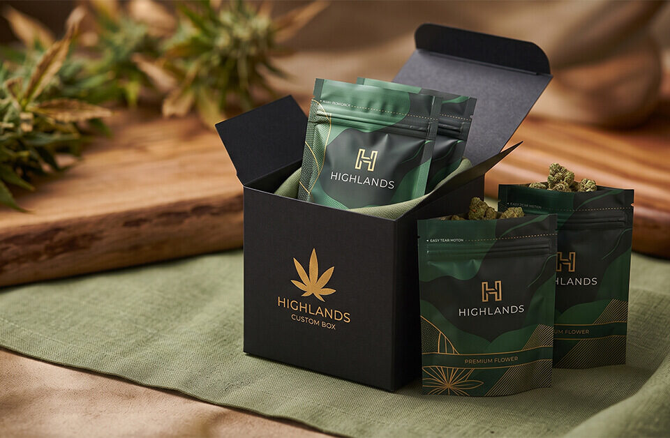 Display of Highlands cannabis products in custom packaging: open custom cube boxes and green pouches.
