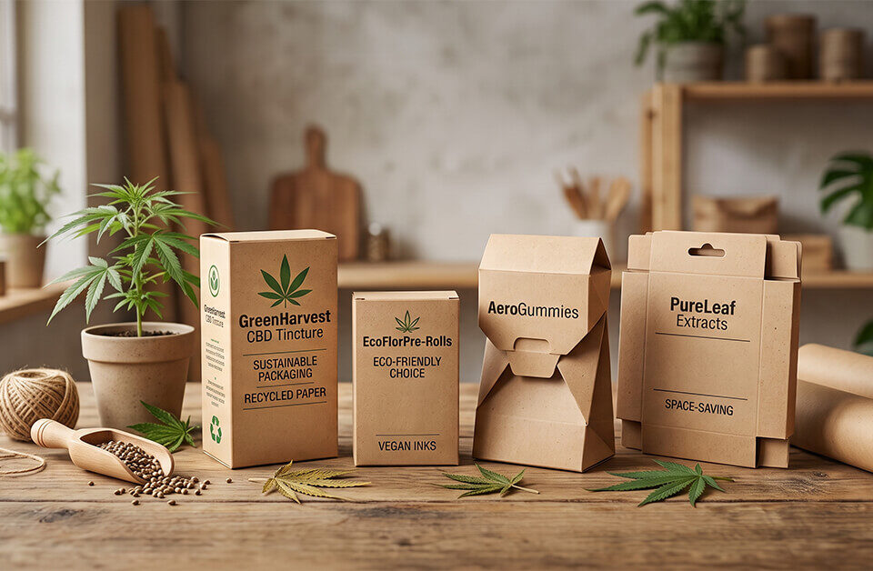 Four eco-friendly kraft paper custom foldable boxes for cannabis products displayed on a wooden table alongside a potted cannabis plant, hemp seeds, and loose leaves.