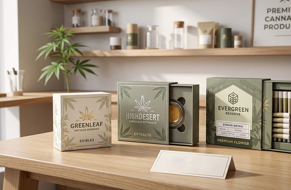 Three premium custom logo boxes designed for cannabis edibles, extracts, and flower, displayed on a wooden table.