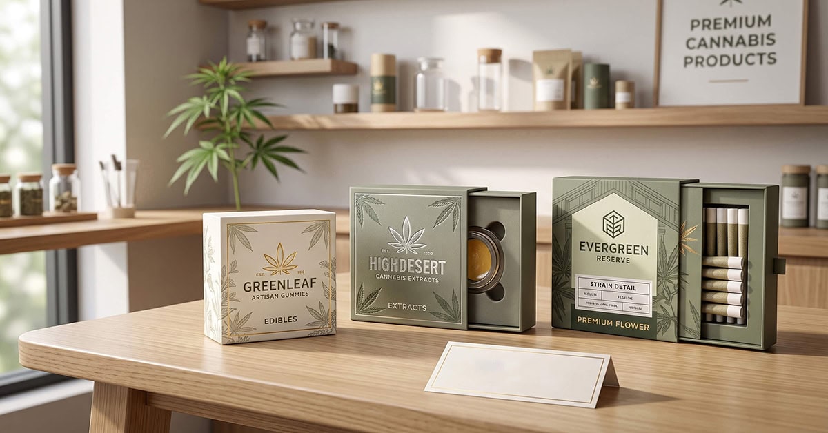 Three premium custom logo boxes designed for cannabis edibles, extracts, and flower, displayed on a wooden table.