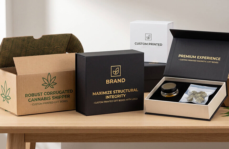 A display of custom cannabis packaging on a wooden table, featuring an open brown corrugated box and premium custom printed gift boxes.