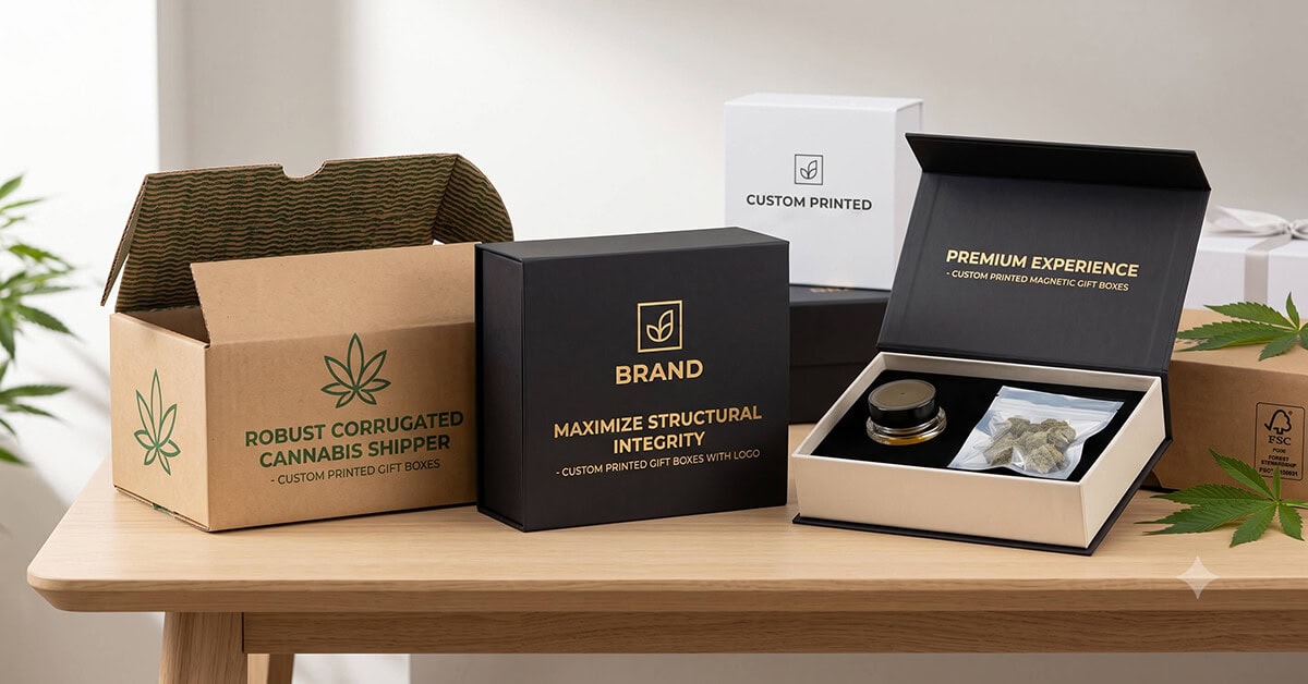 A display of custom cannabis packaging on a wooden table, featuring an open brown corrugated box and premium custom printed gift boxes.