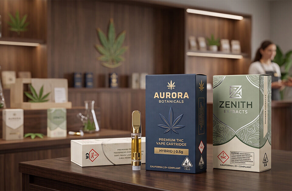 Premium custom paper dispensary cartridge packaging boxes and a glass vape cartridge displayed on a wooden counter in a modern cannabis shop.