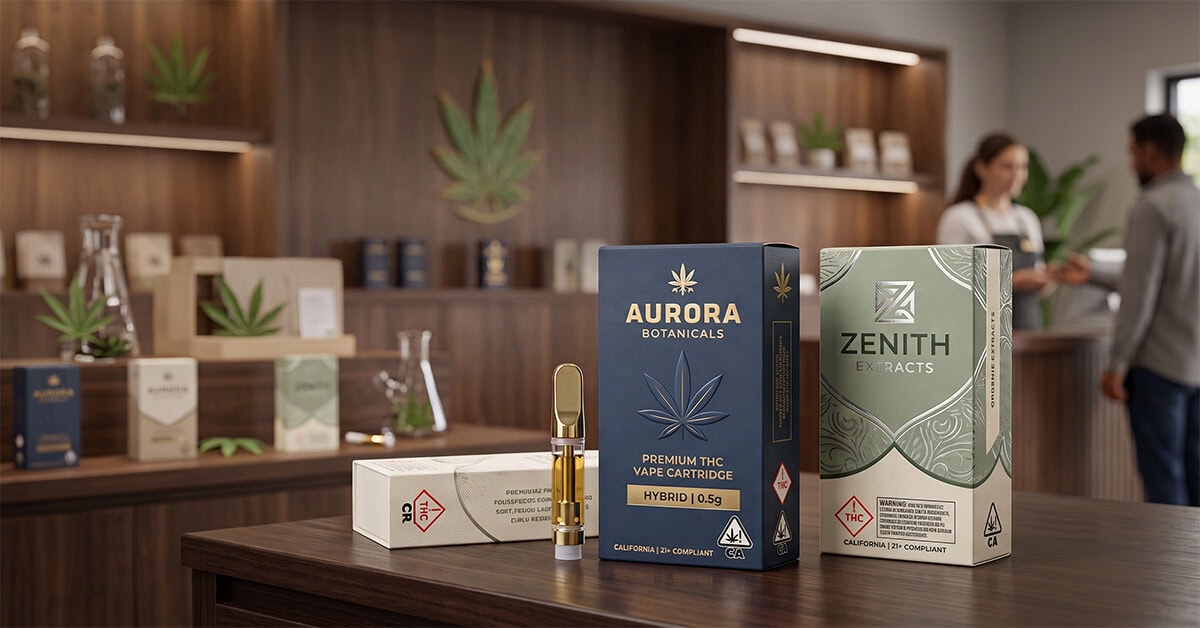 Premium custom paper dispensary cartridge packaging boxes and a glass vape cartridge displayed on a wooden counter in a modern cannabis shop.