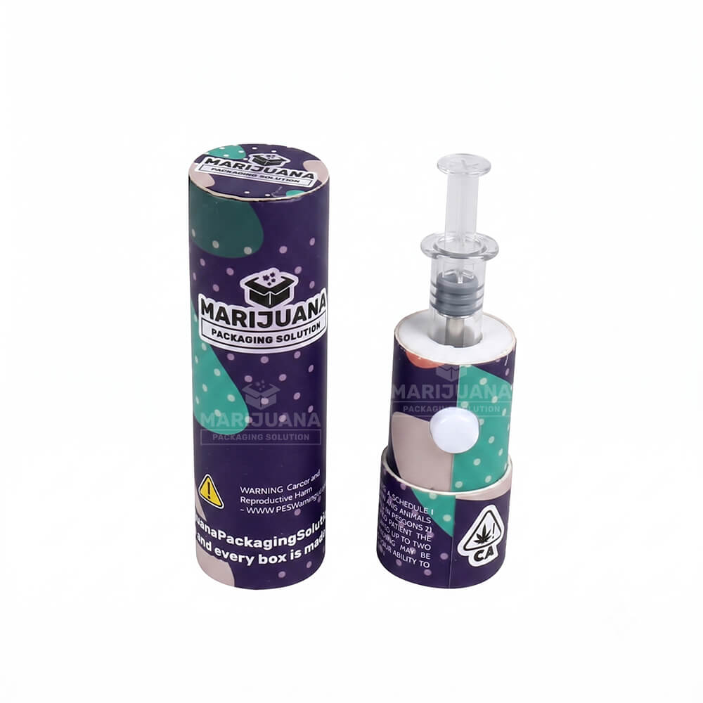 Custom distillate syringe packaging tube open with glass syringe inside foam insert.