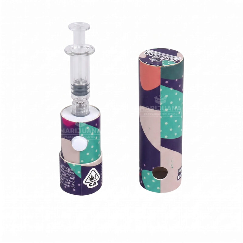 Dab distillate syringe packaging tube base holding a glass syringe next to its flat top cap.