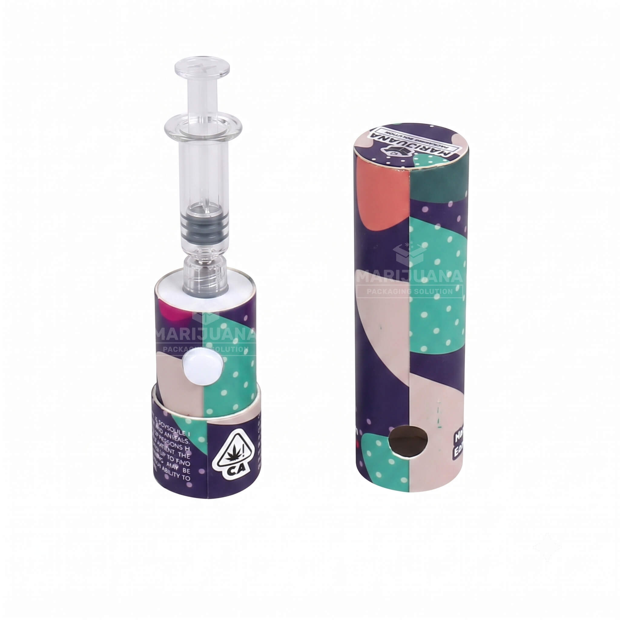 Dab distillate syringe packaging tube base holding a glass syringe next to its flat top cap.