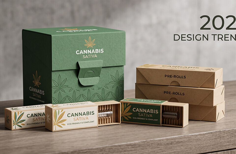 A display of modern, green and brown eco friendly packaging boxes for cannabis, featuring sustainable paperboard designs and a '2026 Design Trends' text overlay.