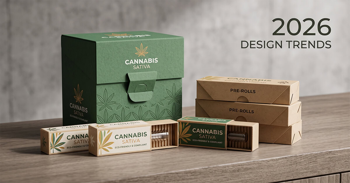 A display of modern, green and brown eco friendly packaging boxes for cannabis, featuring sustainable paperboard designs and a '2026 Design Trends' text overlay.
