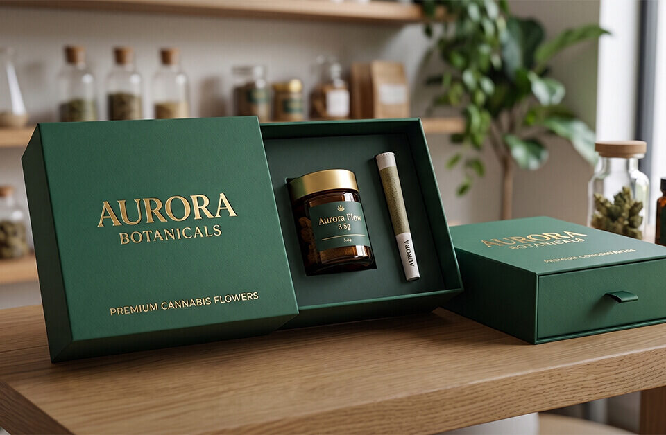 An open green high end packaging box labeled Aurora Botanicals Premium Cannabis Flowers on a wooden counter, displaying an amber glass jar and a pre-rolled cigarette.