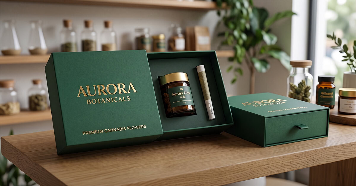 An open green high end packaging box labeled Aurora Botanicals Premium Cannabis Flowers on a wooden counter, displaying an amber glass jar and a pre-rolled cigarette.